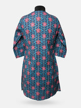 Women's 3/4 Length Sleeve Floral Printed Blue Front Open Adaptive Kurti