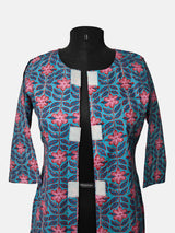 Women's 3/4 Length Sleeve Floral Printed Blue Front Open Adaptive Kurti