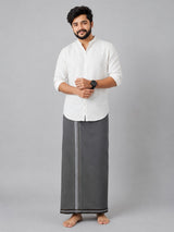 HAXOR Men's Grey Cotton Velcro Dhoti with Thalapathi Border - full front view