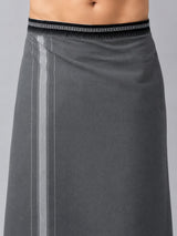 Grey dhoti waistband close-up showing Thalapathi border design and side pocket for men
