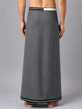 Men's grey cotton Velcro dhoti back view with Thalapathi border and black waistband