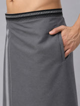 Grey cotton dhoti with Thalapathi border and side pocket for men – close-up view