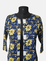 Women's 3/4 Length Sleeve Floral Printed Royal Blue Front Open Adaptive Kurti