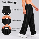 HAXOR men's tear away pants detail showing two side zippers, elastic waist and Velcro closure