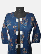 Women's 3/4 Length Sleeve Floral Printed Teal Blue Front Open Adaptive Kurti