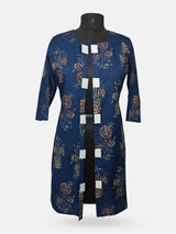 Women's 3/4 Length Sleeve Floral Printed Teal Blue Front Open Adaptive Kurti