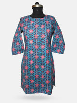 Women's 3/4 Length Sleeve Floral Printed Blue Front Open Adaptive Kurti