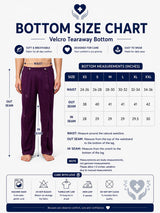 HAXOR Men's Adaptive Tearaway Trousers Size Chart featuring waist, inseam and out seam measurements, Velcro side-opening recovery pants for post-surgery, wheelchair users and elderly care.