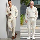 Elegant Men's Two-Piece Set with Collared Top & Drawstring Pants