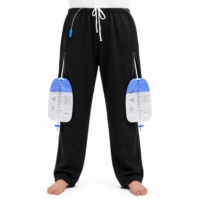 HAXOR Black Catheter Leg Bag Pants for Men & Women with Hidden Dual Zip Pockets Holding 2000ml Urine Drainage Bags - Front View