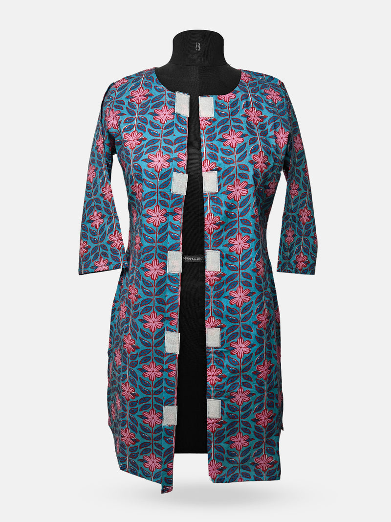 Women's  3/4 Length Sleeve Floral Printed Blue Front Open Adaptive Kurti
