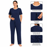 Navy women's adaptive jumpsuit with threaded neck, front zip, back zip and breathable fabric details