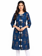 HAXOR Women's Teal Blue Floral Front Open Adaptive Kurti – Front View