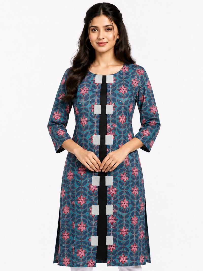 HAXOR Women's 3/4 Length Sleeve Floral Printed Blue Front Open Adaptive Kurti