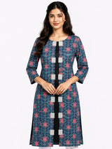 HAXOR Women's 3/4 Length Sleeve Floral Printed Blue Front Open Adaptive Kurti