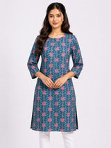 HAXOR Women's 3/4 Length Sleeve Floral Printed Blue Front Open Adaptive Kurti