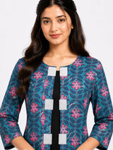 HAXOR Women's 3/4 Length Sleeve Floral Printed Blue Front Open Adaptive Kurti