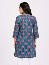 HAXOR Women's 3/4 Length Sleeve Floral Printed Blue Front Open Adaptive Kurti
