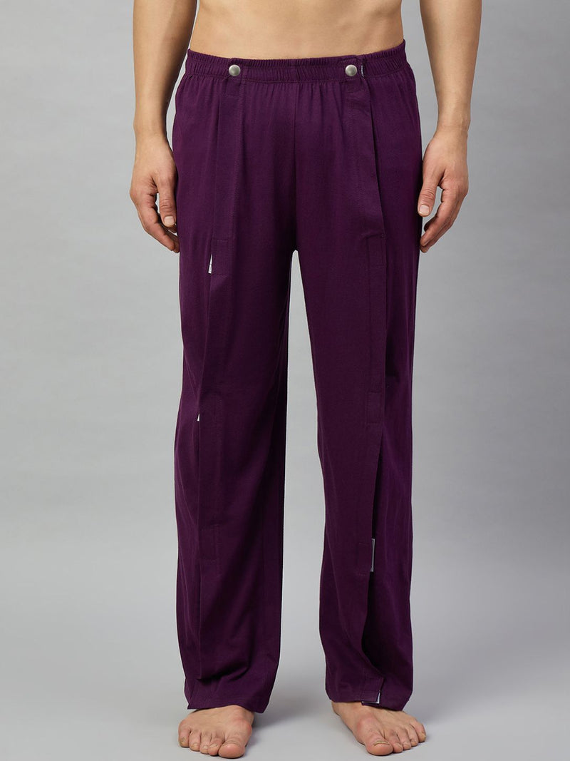 Front view of HAXOR Men's Purple Adaptive Tearaway Trousers featuring full-length side tearaway design.