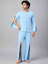 HAXOR Men's Sky Blue Adaptive Fleece Velcro Tear Away Recovery Set with Full Sleeve T-Shirt and Tear Away Trousers for Post Surgery Hospital Wear