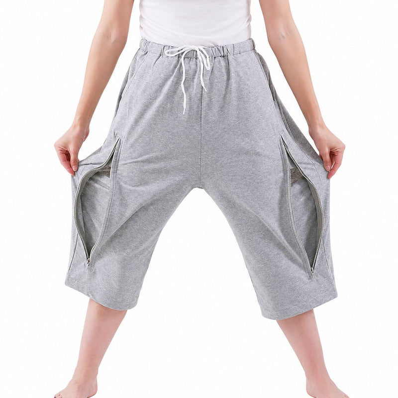 HAXOR Grey Catheter Capri Shorts with Hidden Dual Zip Pockets for Urine Drainage Bags
