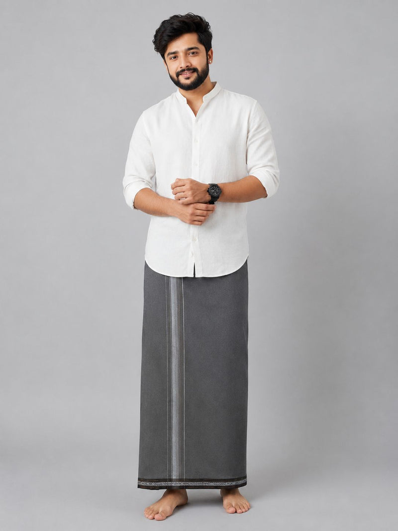 HAXOR Men's Grey Cotton Velcro Dhoti with Thalapathi Border - full front view 