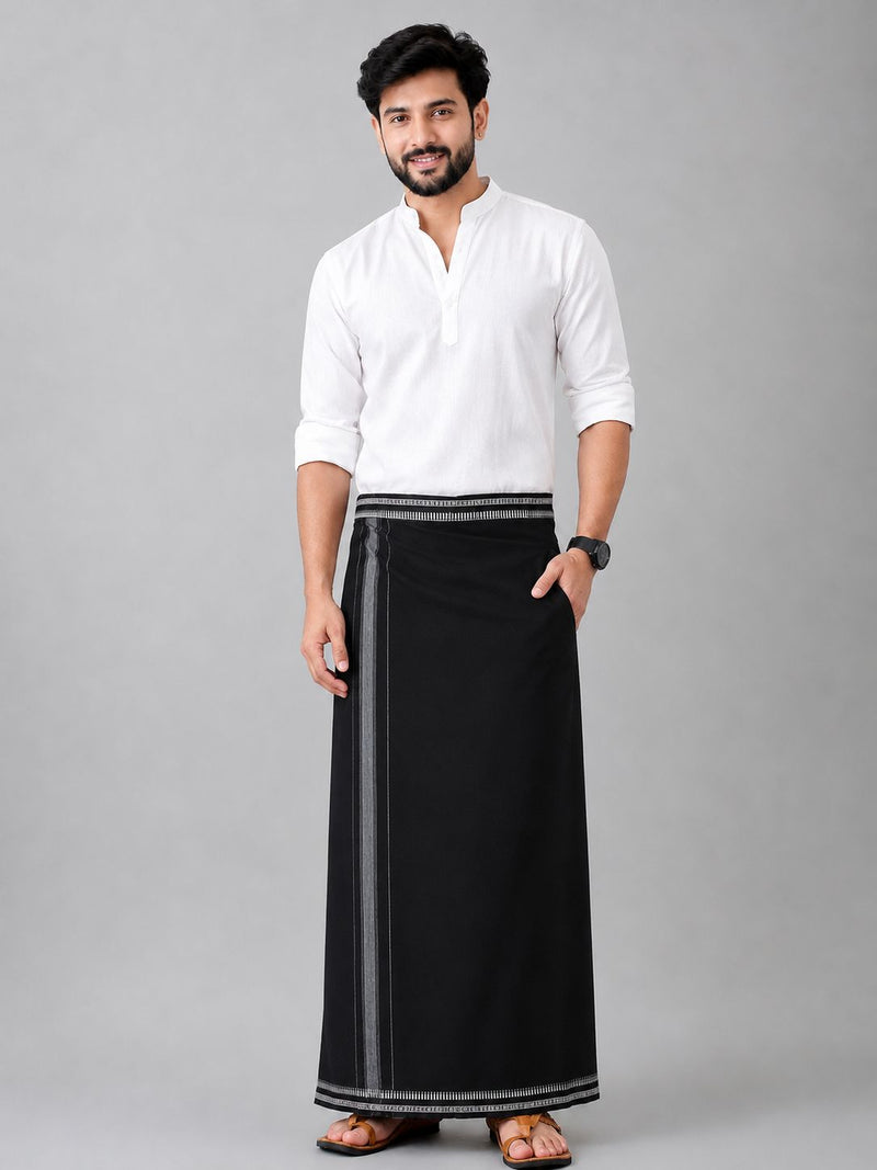 HAXOR Men's Premium Cotton Black  Velcro Readymade Dhoti with Silver Border and Side Pocket Front View