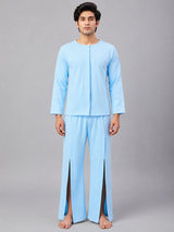 Front View of HAXOR Men's Sky Blue Adaptive Recovery Clothing Set with Velcro Tear Away Full Sleeve T-Shirt and Adaptive Hospital Trousers