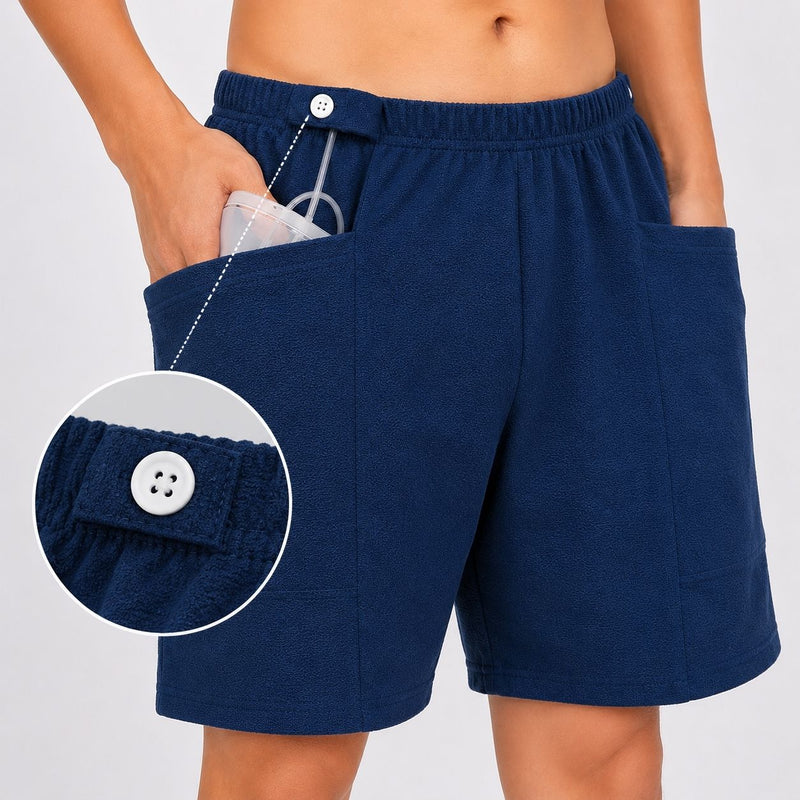 HAXOR Men's Blue Catheter Drainage Bag Shorts with Secure Urine Bag Pocket and Button Tube Fixation