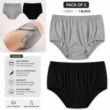 HAXOR Women's Side Opening Cotton Adaptive Underwear Pack of 2 with Black and Grey Colors