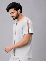 Side view of a men's grey adaptive recovery T-shirt with shoulder Velcro opening for easy wear.