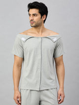 Men's grey recovery T-shirt showing both shoulder openings with Velcro for easy dressing and medical care.