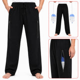 Before and after comparison showing how HAXOR Catheter Leg Bag Pants conceal urine drainage bags inside hidden zip pockets