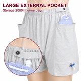 HAXOR catheter drainage bag shorts featuring large external pockets for discreet 2000ml urine bag storage with integrated catheter tube support.