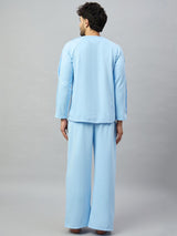 Back View of HAXOR Men's Sky Blue Adaptive Cotton Recovery Set with Full Sleeve T-Shirt and Comfortable Hospital Velcro Trousers