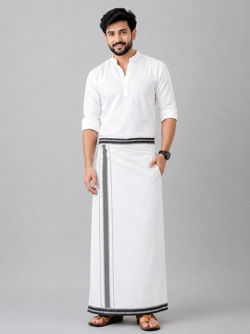 HAXOR Men's White Cotton Velcro Dhoti with Thalapathi Border - full front view