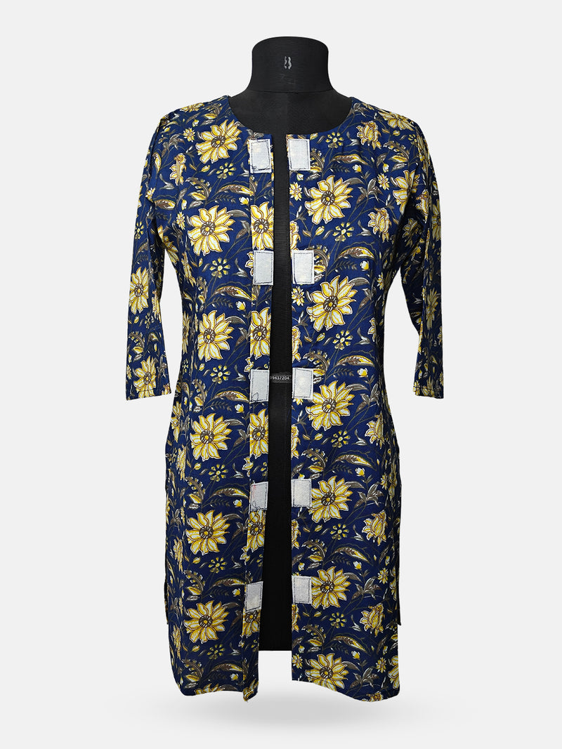 Women's  3/4 Length Sleeve Floral Printed Royal Blue Front Open Adaptive Kurti