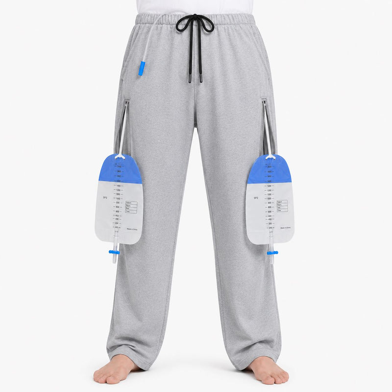 HAXOR Heather Grey Catheter Leg Bag Pants with hidden dual zip pockets for urine drainage bags up to 2000ml
