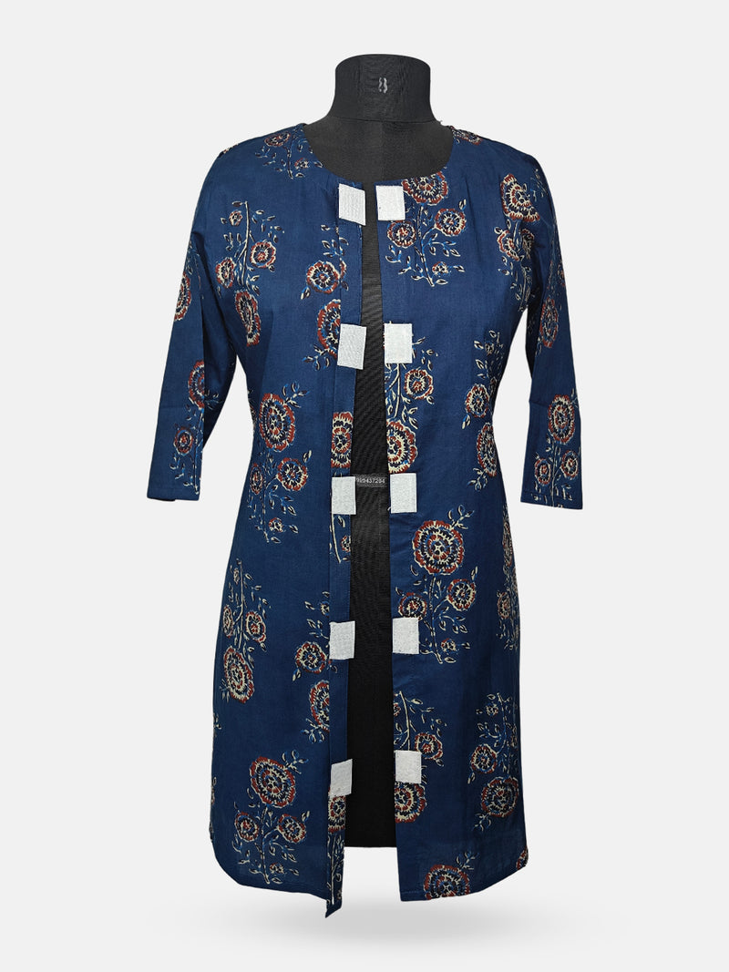Women's  3/4 Length Sleeve Floral Printed Teal Blue Front Open Adaptive Kurti