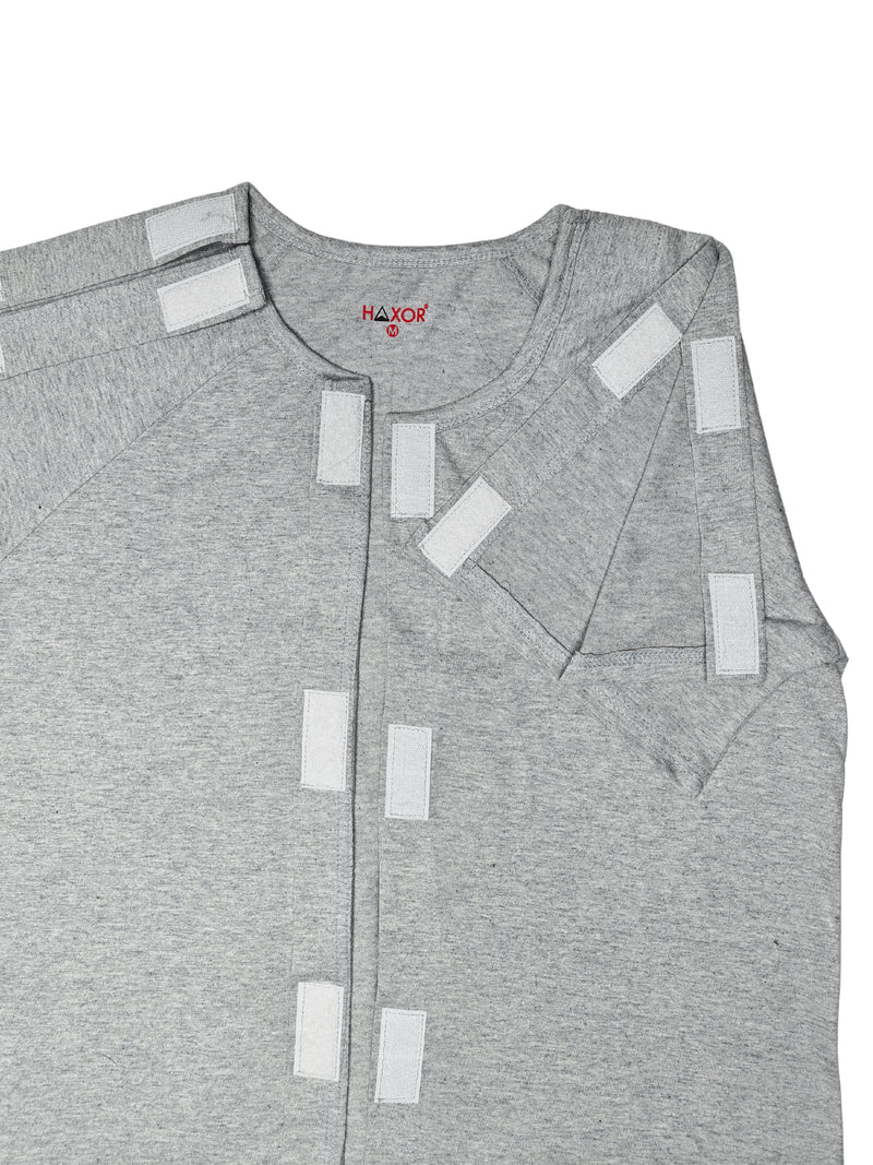 HAXOR Post Surgery Recovery Velcro Open Tearaway Half Sleeve Grey Premium Cotton T-Shirt for Quick Access for Post-Op Care