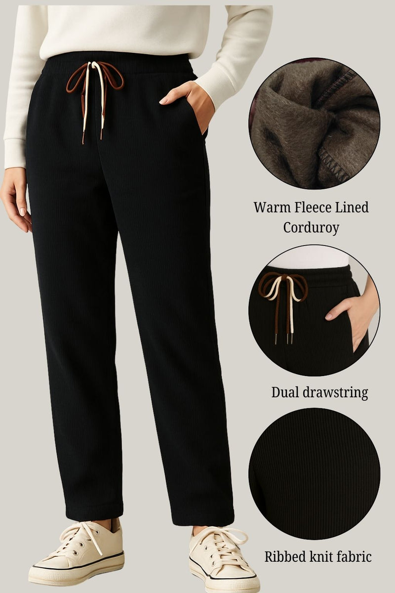 Haxor Women’s Ribbed Fleece-Lined Winter Joggers | Ultra-Soft Stretch | Dual-Drawstring | Premium Warm Pants (Black)