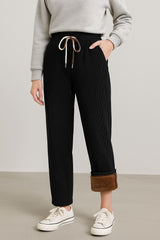 Haxor Women’s Ribbed Fleece-Lined Winter Joggers | Ultra-Soft Stretch | Dual-Drawstring | Premium Warm Pants (Black)