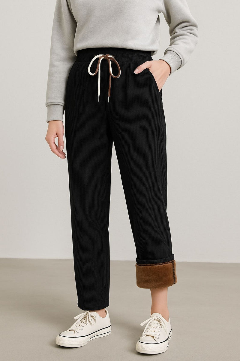 Haxor Women’s Ribbed Fleece-Lined Winter Joggers | Ultra-Soft Stretch | Dual-Drawstring | Premium Warm Pants (Black)