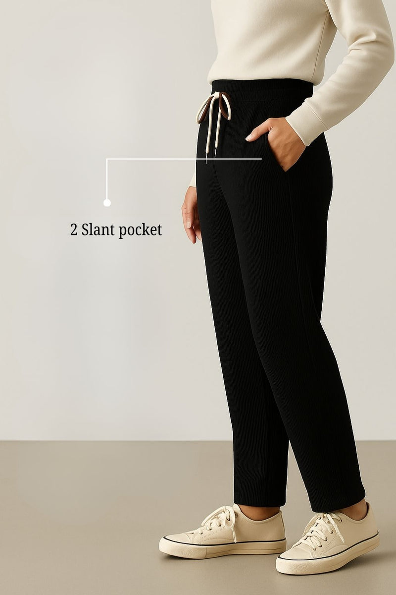 Haxor Women’s Ribbed Fleece-Lined Winter Joggers | Ultra-Soft Stretch | Dual-Drawstring | Premium Warm Pants (Black)