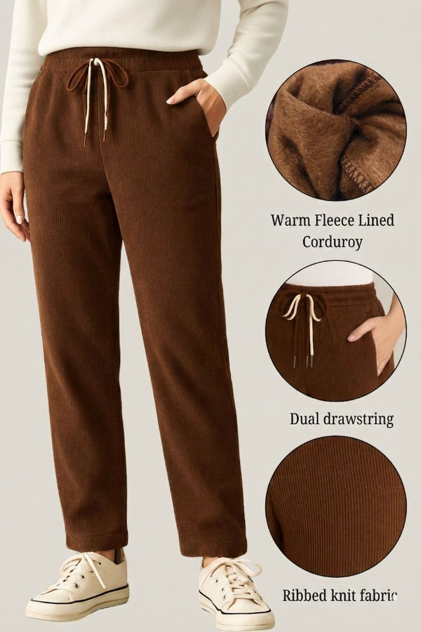 Haxor Women’s Ribbed Fleece-Lined Winter Joggers | Ultra-Soft Stretch | Dual-Drawstring | Premium Warm Pants (Brown)