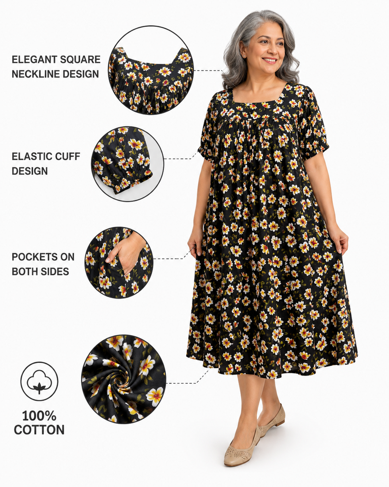 HAXOR Women's Black Floral Duster Dress with Square Neckline and Elastic Cuffs