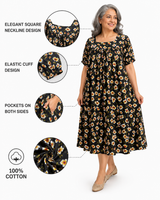 HAXOR Women's Black Floral Duster Dress with Square Neckline and Elastic Cuffs