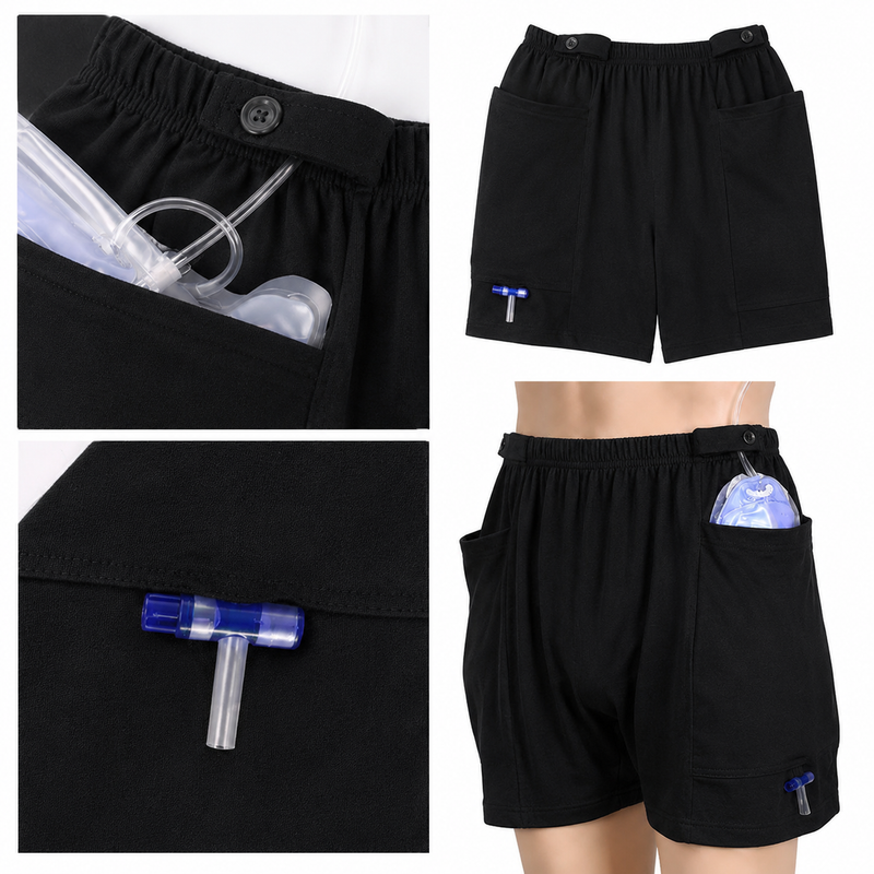 HAXOR Black Catheter, Ostomy & Nephrostomy Drainage Bag Shorts for Men & Women | Dual Pocket 2000ml Urine Bag Holder