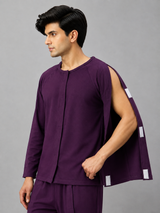 HAXOR Purple Adaptive Velcro Fleece T-Shirt worn by a male model with front opening and sleeve access