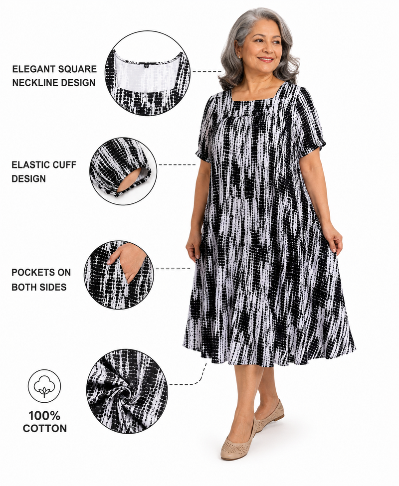 HAXOR Women's Self Dressing Duster House Dress in black and white print with square neckline, elastic cuffs, and two side pockets